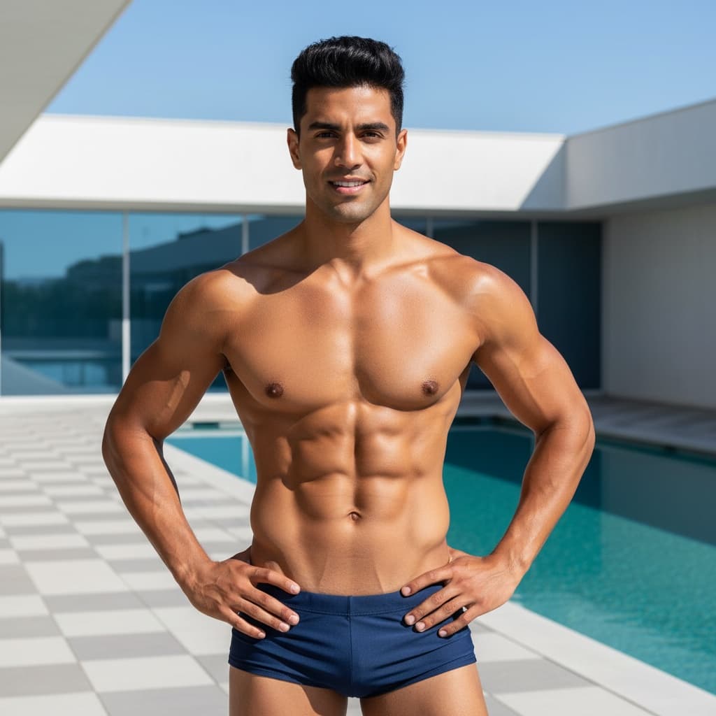 athletic indian man pool deck fitness pose 41809169