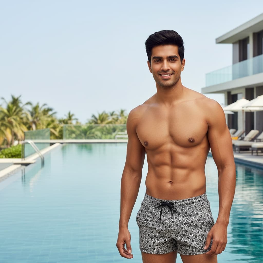 athletic indian man poolside luxury resort 48700203