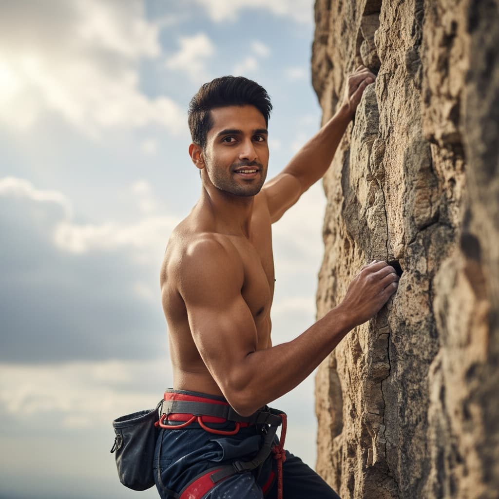 athletic indian man rock climbing action 67616099
