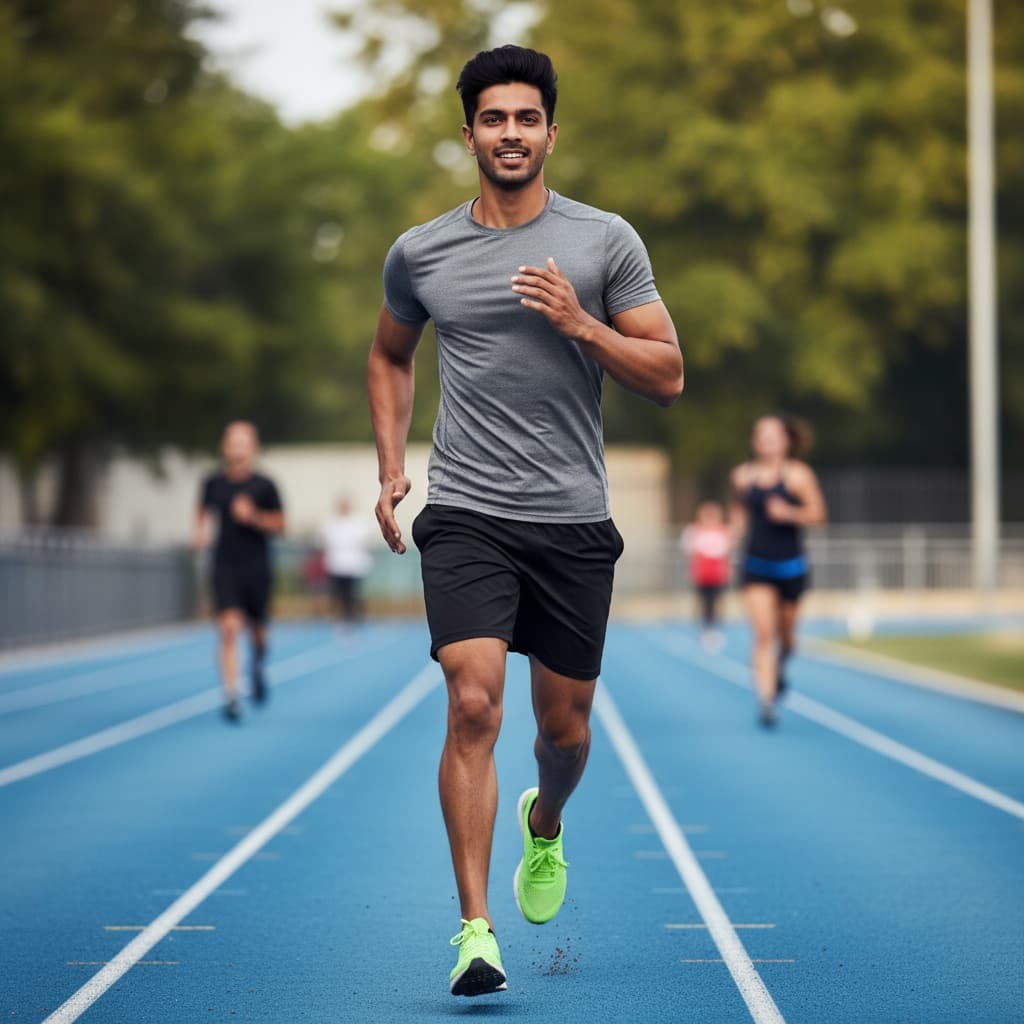 athletic indian man running track outdoor action 94492422