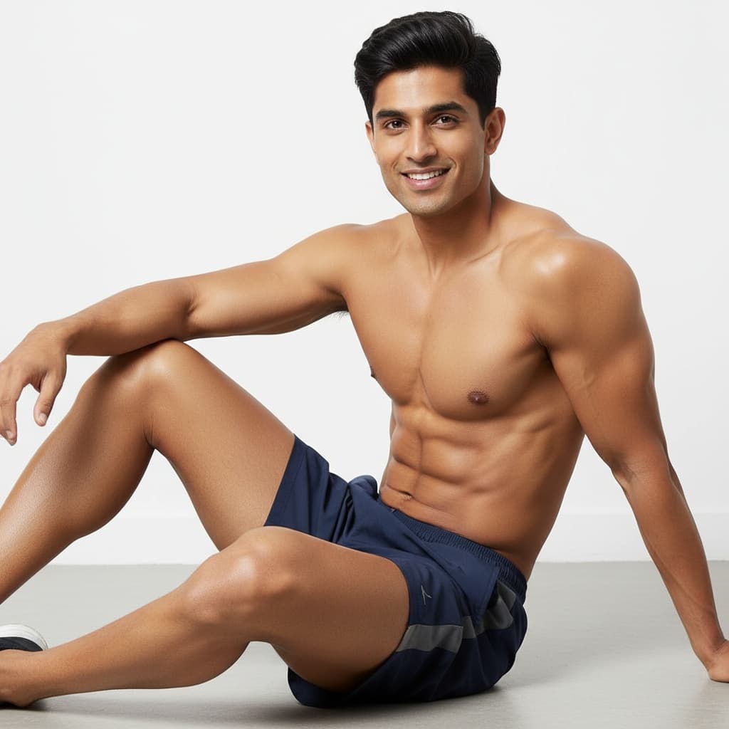 athletic indian man seated athletic floor pose 95004148