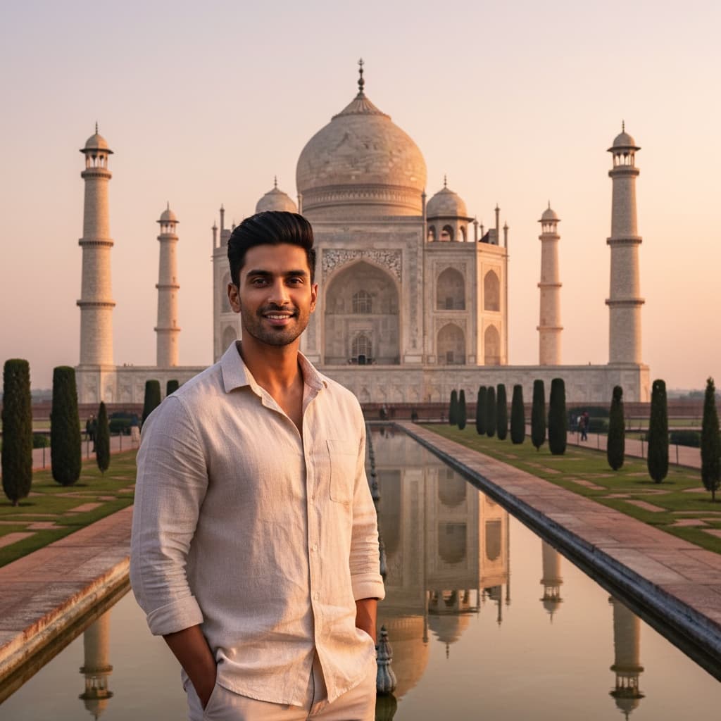 athletic indian man taj mahal sunrise front view 38422654
