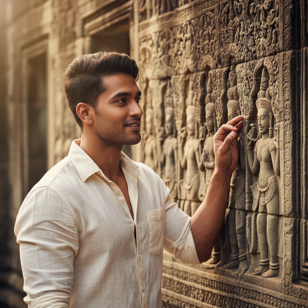athletic indian man temple bas relief closeup 64061407