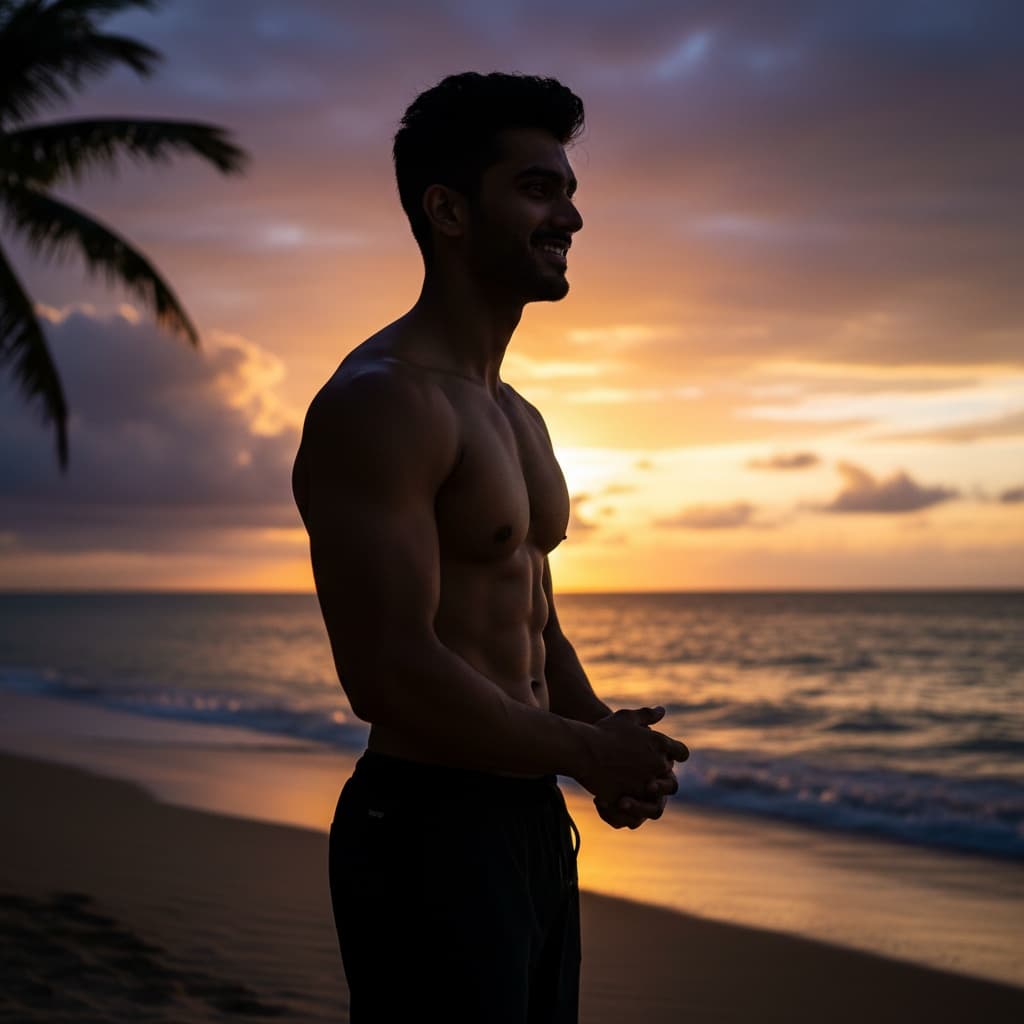 athletic indian man tropical sunset silhouette 44108264