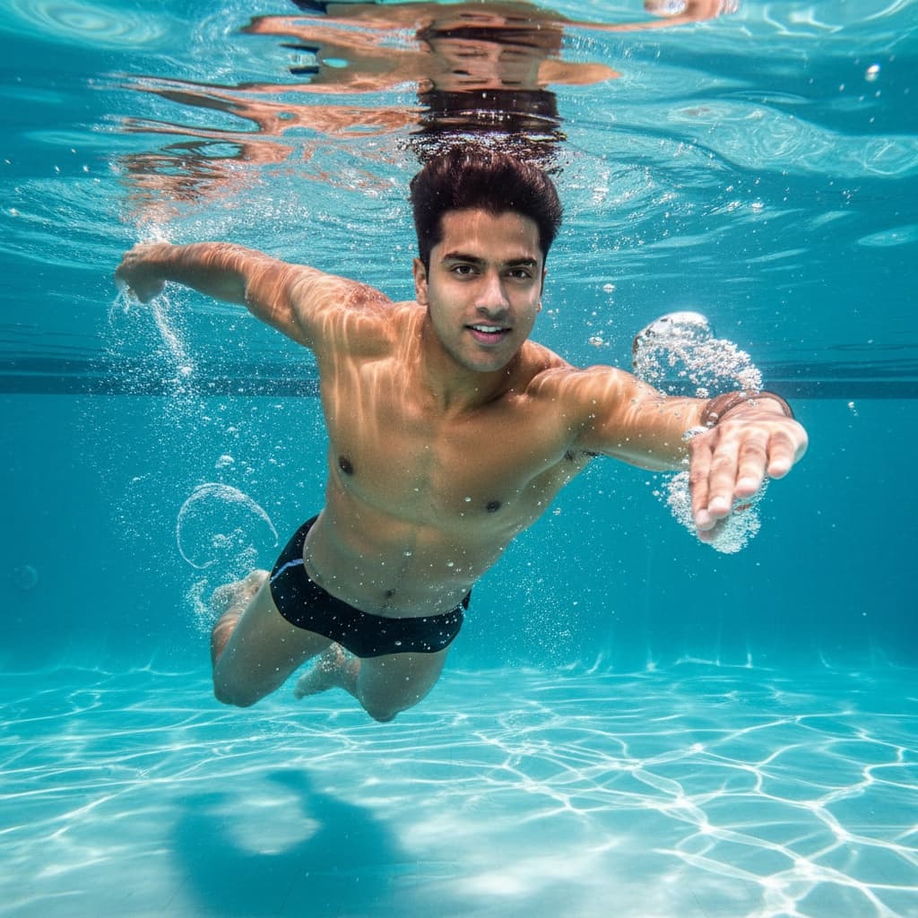 athletic indian man underwater pool shot 95996061