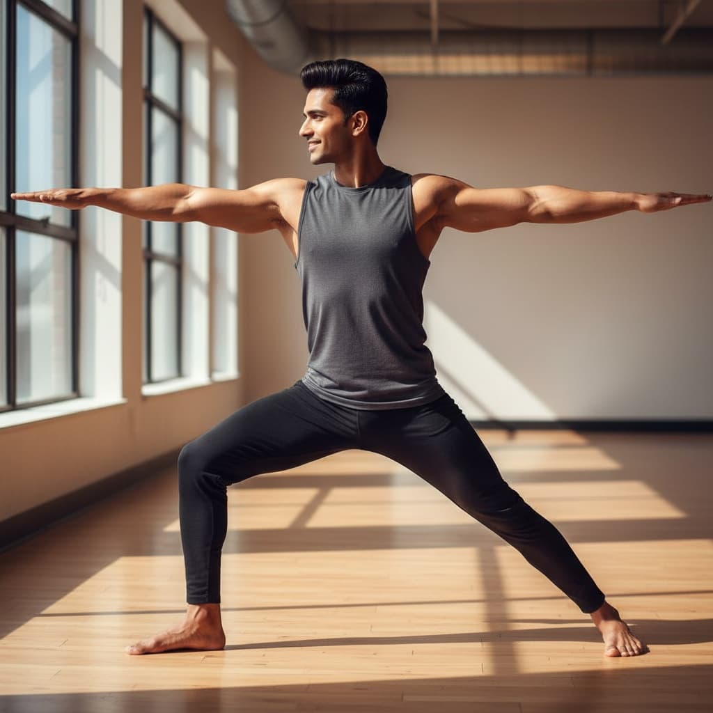 athletic indian man warrior pose demonstration 50574132