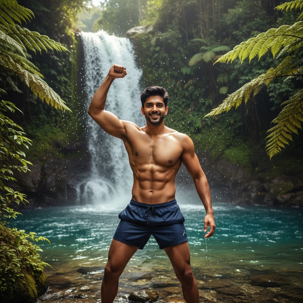 athletic indian man waterfall adventure portrait 70921901
