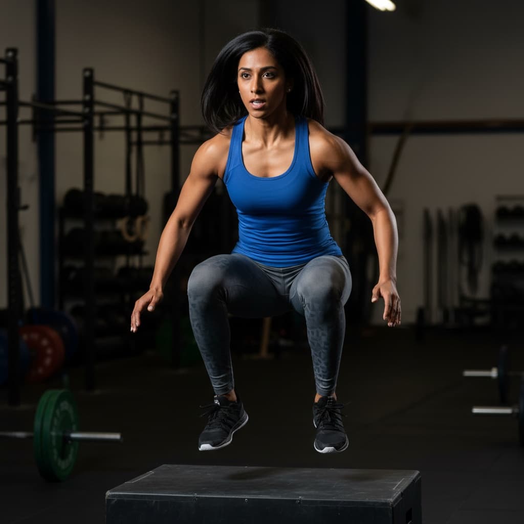athletic indian woman box jump explosive moment 51900736