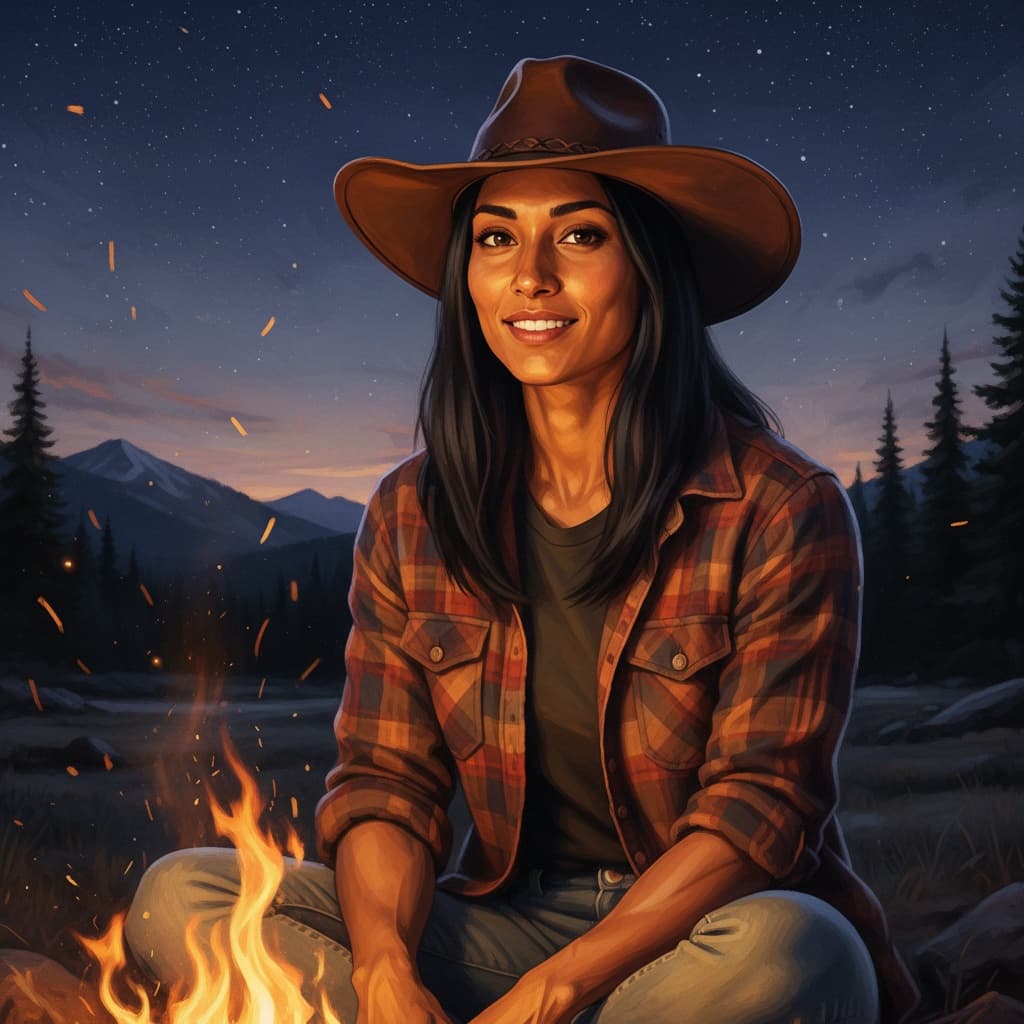 athletic indian woman campfire evening portrait 65494720