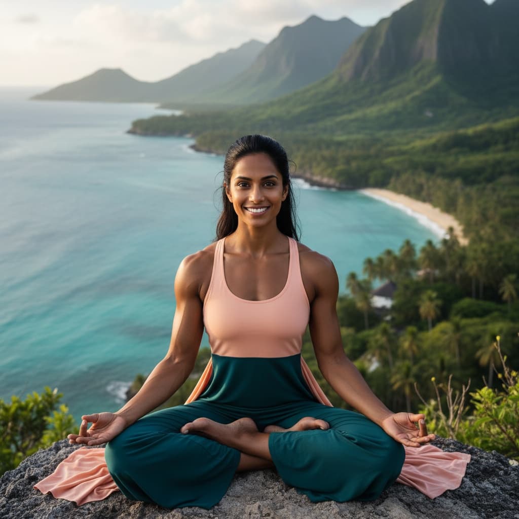athletic indian woman cliff overlook meditation 73437000