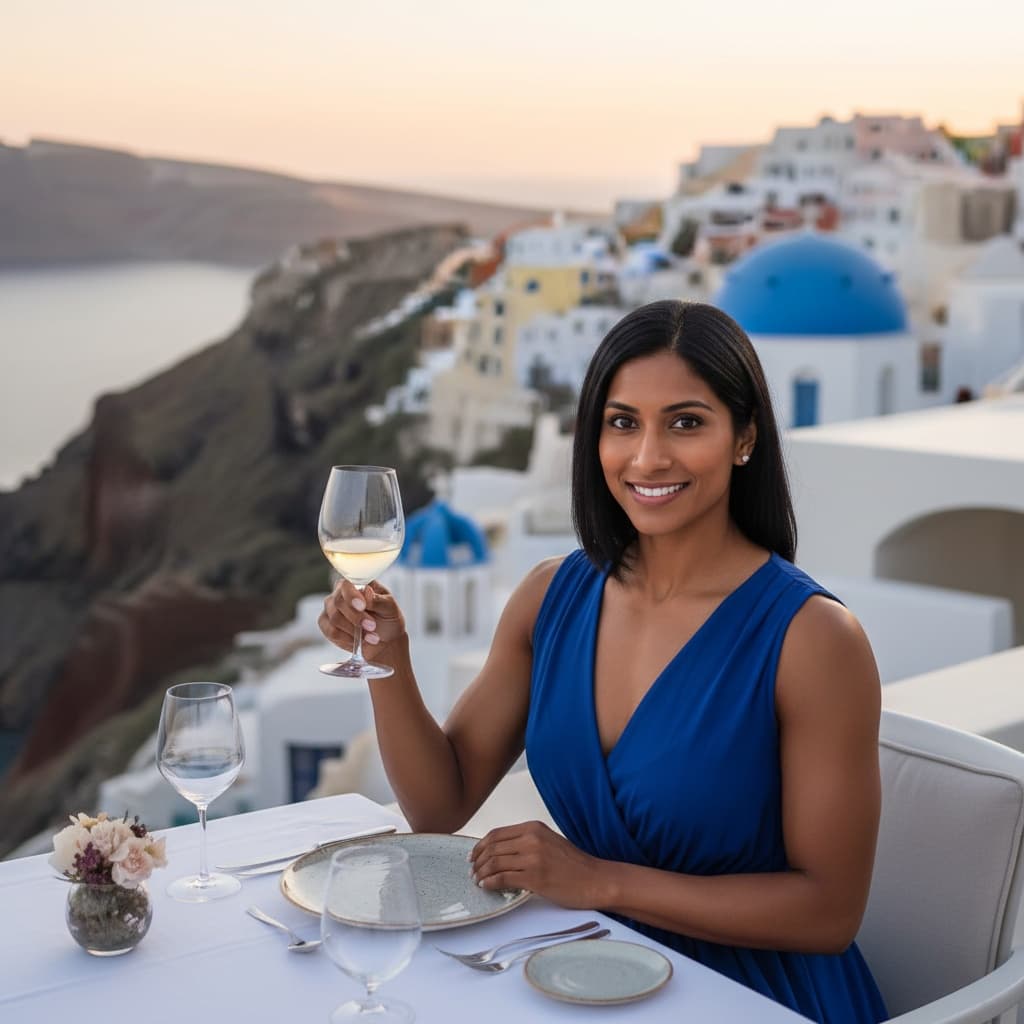 athletic indian woman cliffside restaurant dining 30695096