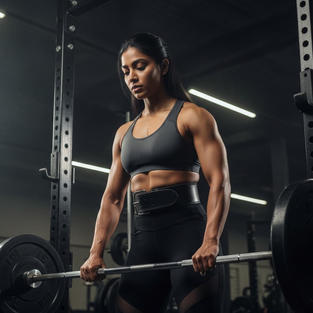 athletic indian woman focused pre lift intensity 42631563