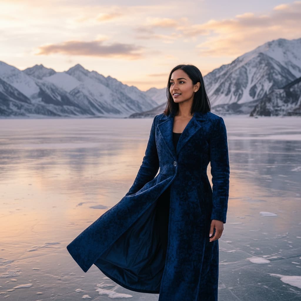athletic indian woman frozen lake landscape 79493259
