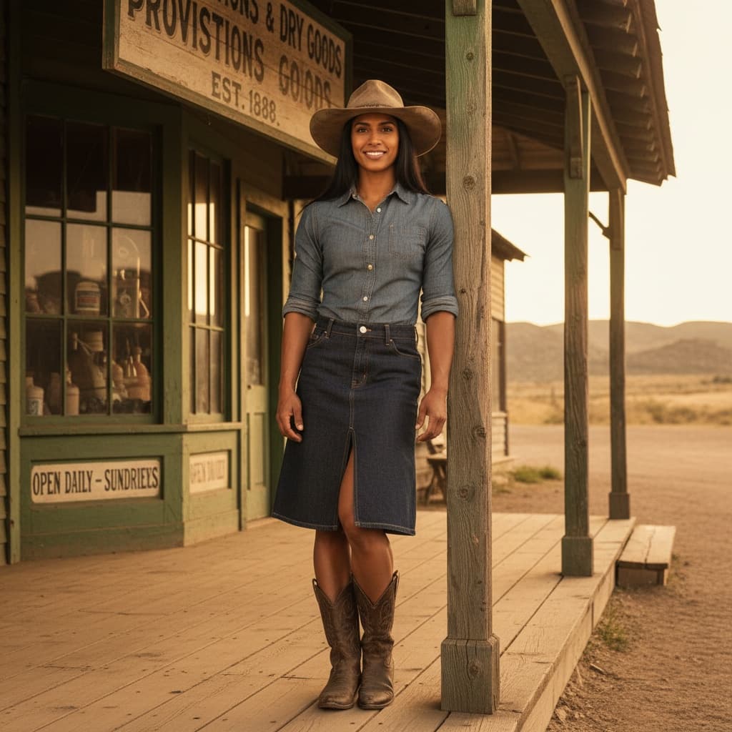athletic indian woman general store porch 83966497