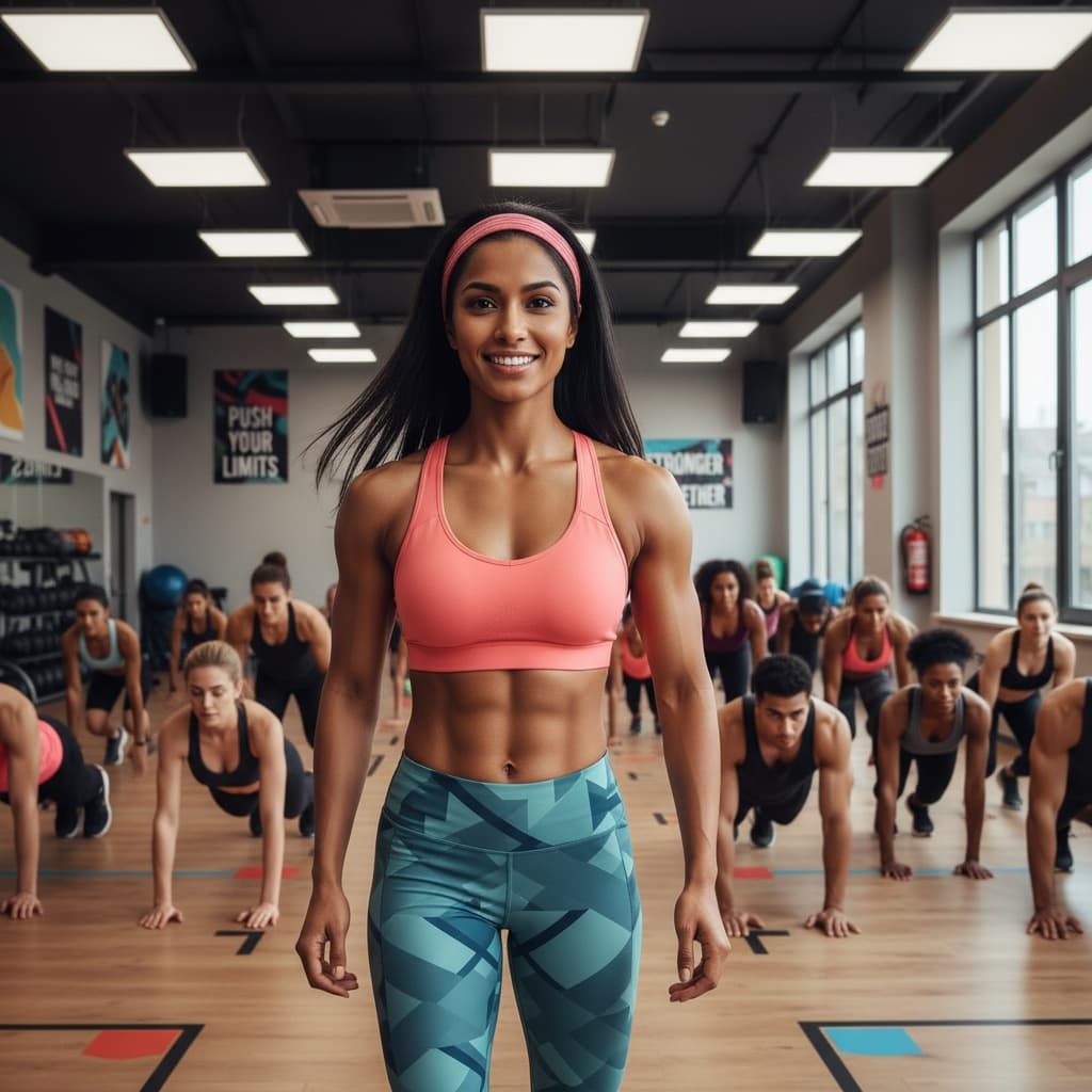 athletic indian woman group fitness class energy 52345607