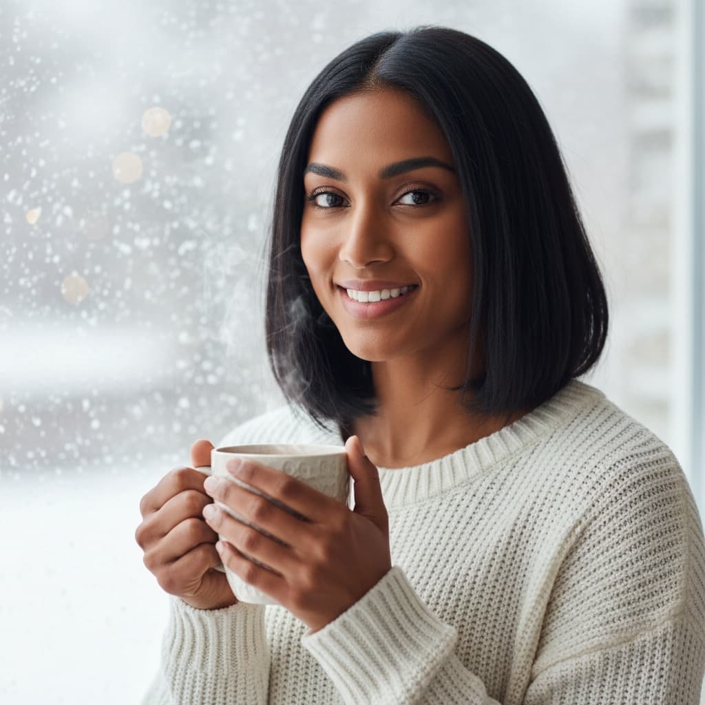 athletic indian woman hot chocolate closeup 32431611