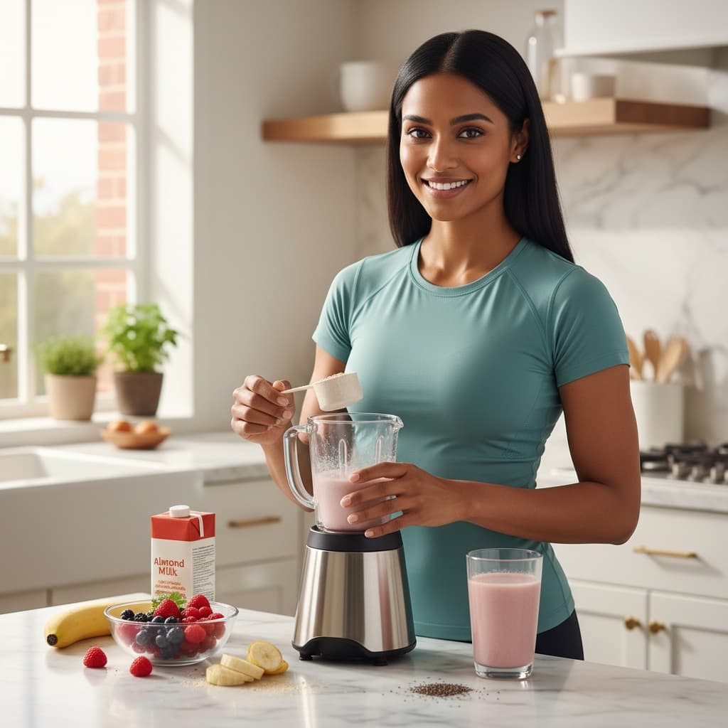 athletic indian woman kitchen protein shake prep 20754852