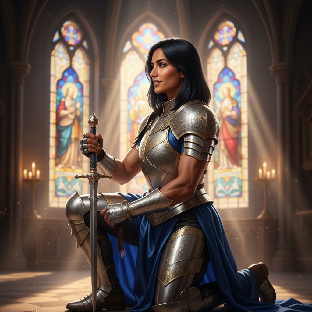 athletic indian woman kneeling sword ceremony 10176394