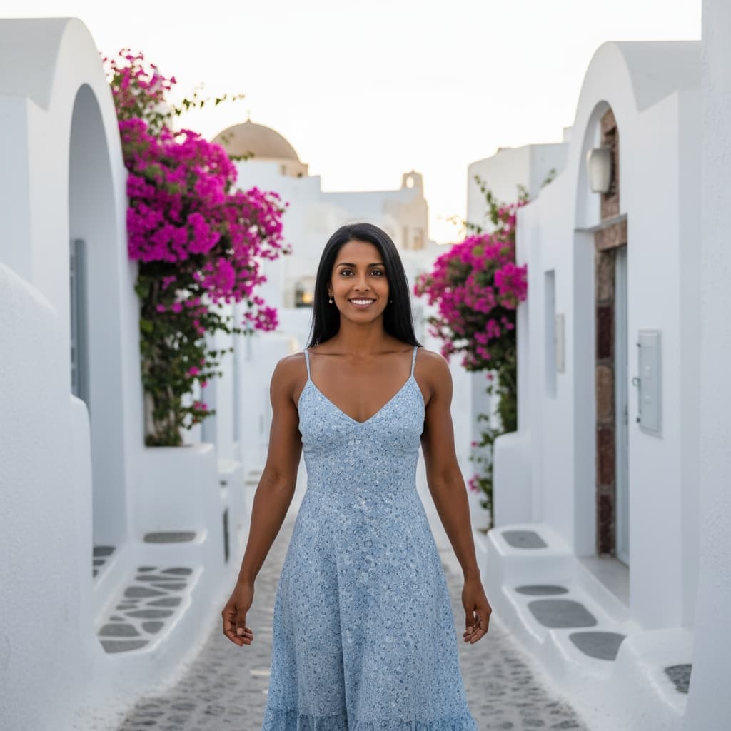 athletic indian woman oia narrow streets 74556968