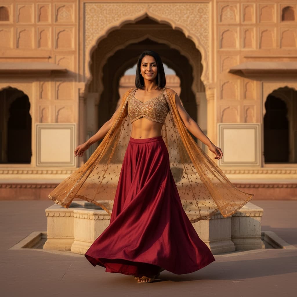 athletic indian woman palace courtyard sunset 32634455