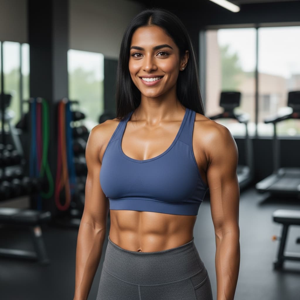 athletic indian woman post workout gym portrait 69852201