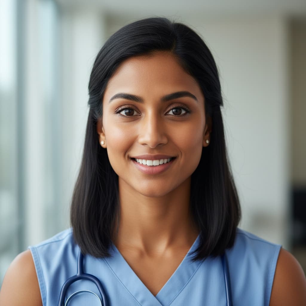 athletic indian woman scrubs clinical environment 28619721
