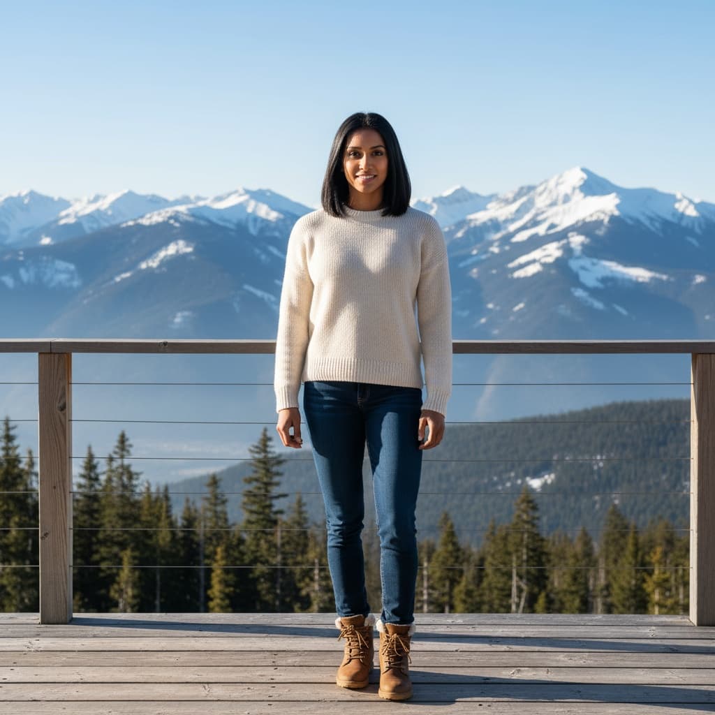 athletic indian woman snow lodge deck 36984565