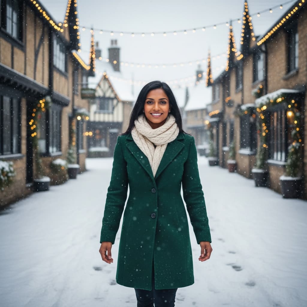 athletic indian woman snowy village walk 40726346
