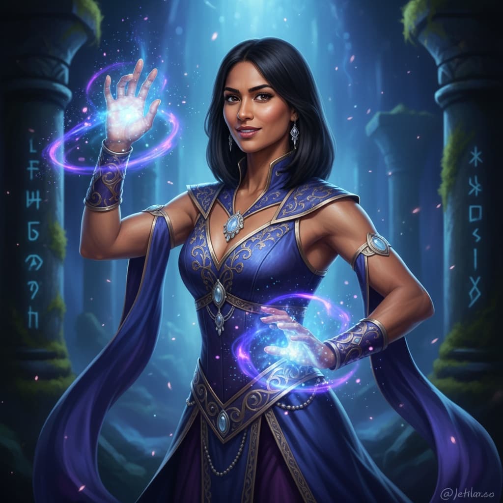 athletic indian woman spellcaster magical aura 64275844