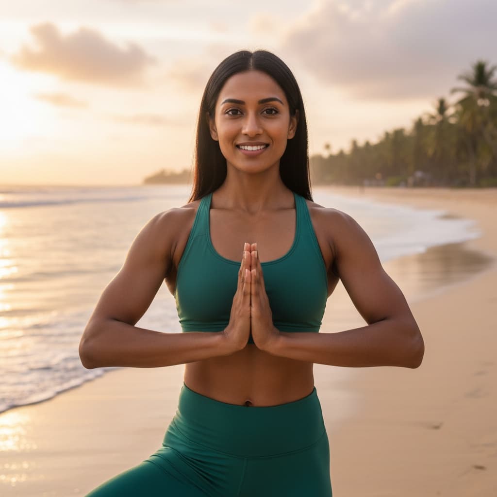 athletic indian woman sunrise beach yoga pose 28158277