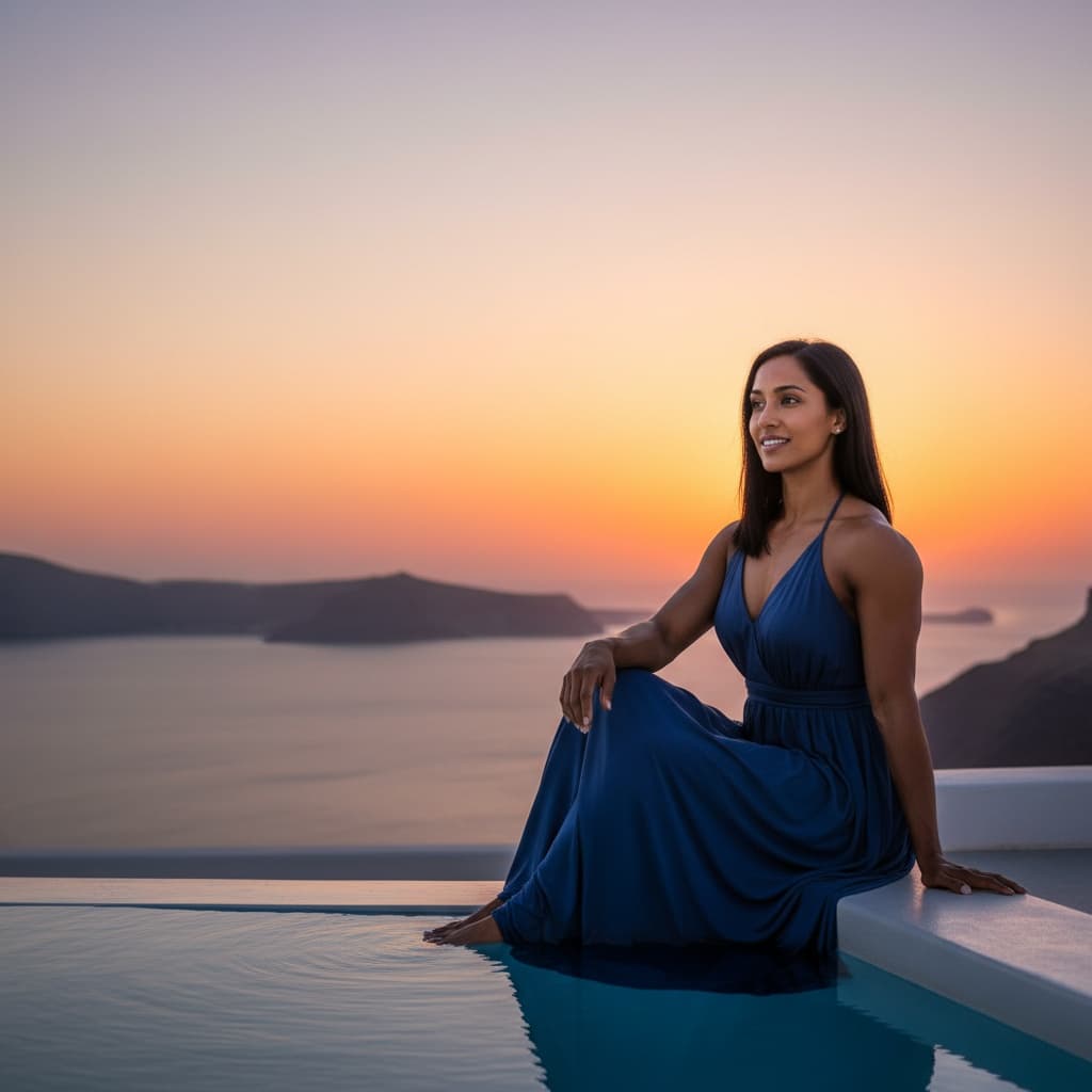 athletic indian woman sunset caldera view 21243462