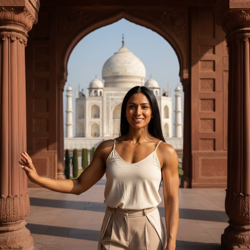athletic indian woman taj mahal archway frame 23162923