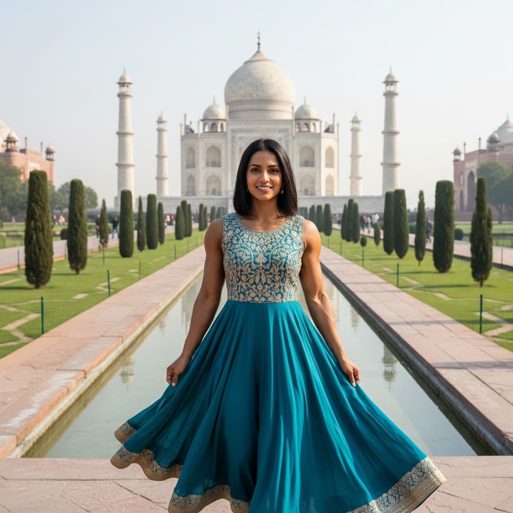 athletic indian woman taj mahal garden walk 72456977