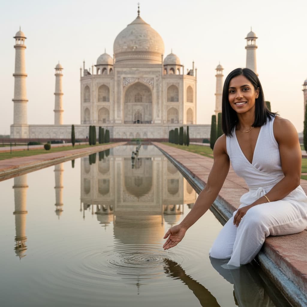 athletic indian woman taj mahal reflecting pool 34679671