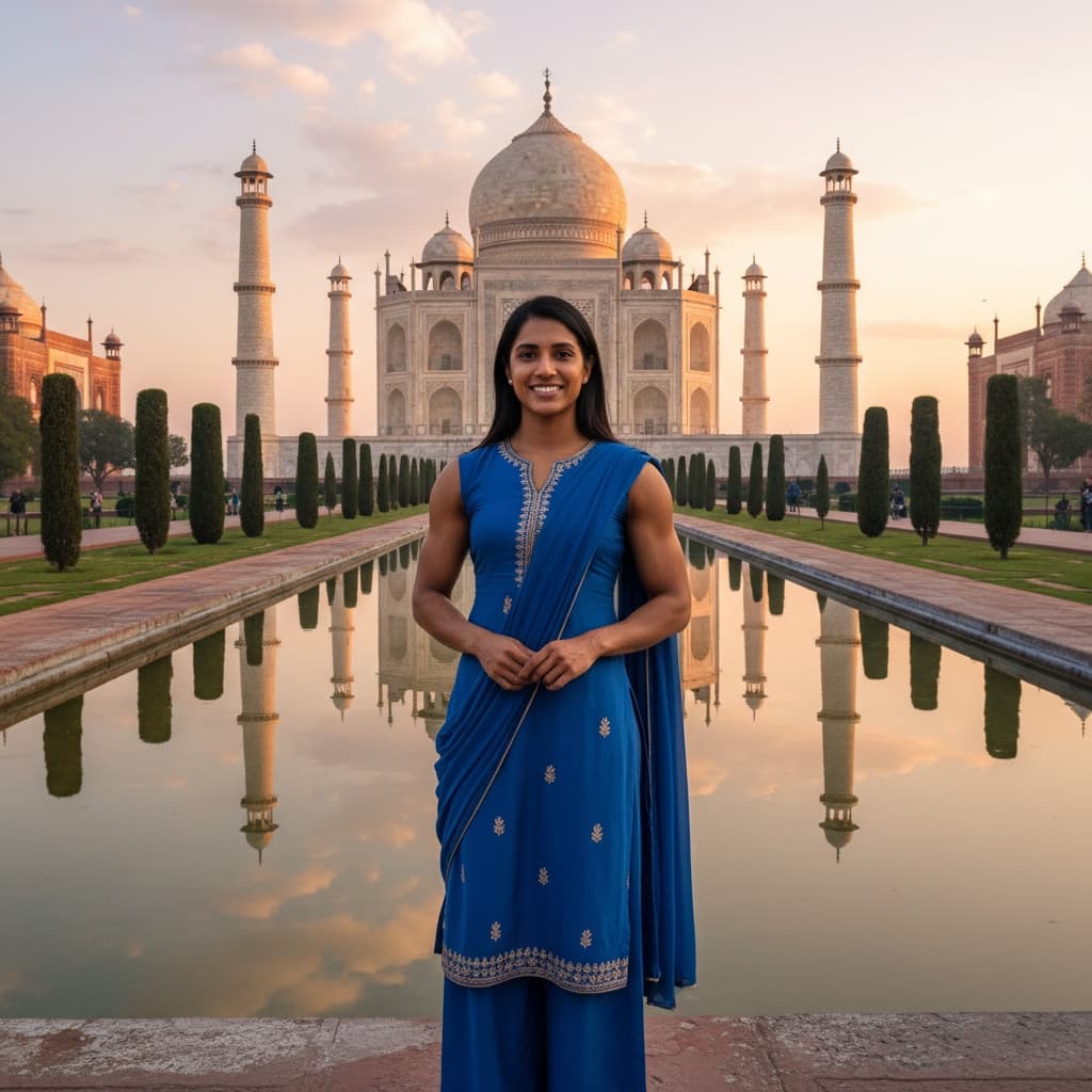 athletic indian woman taj mahal sunrise front view 28566363