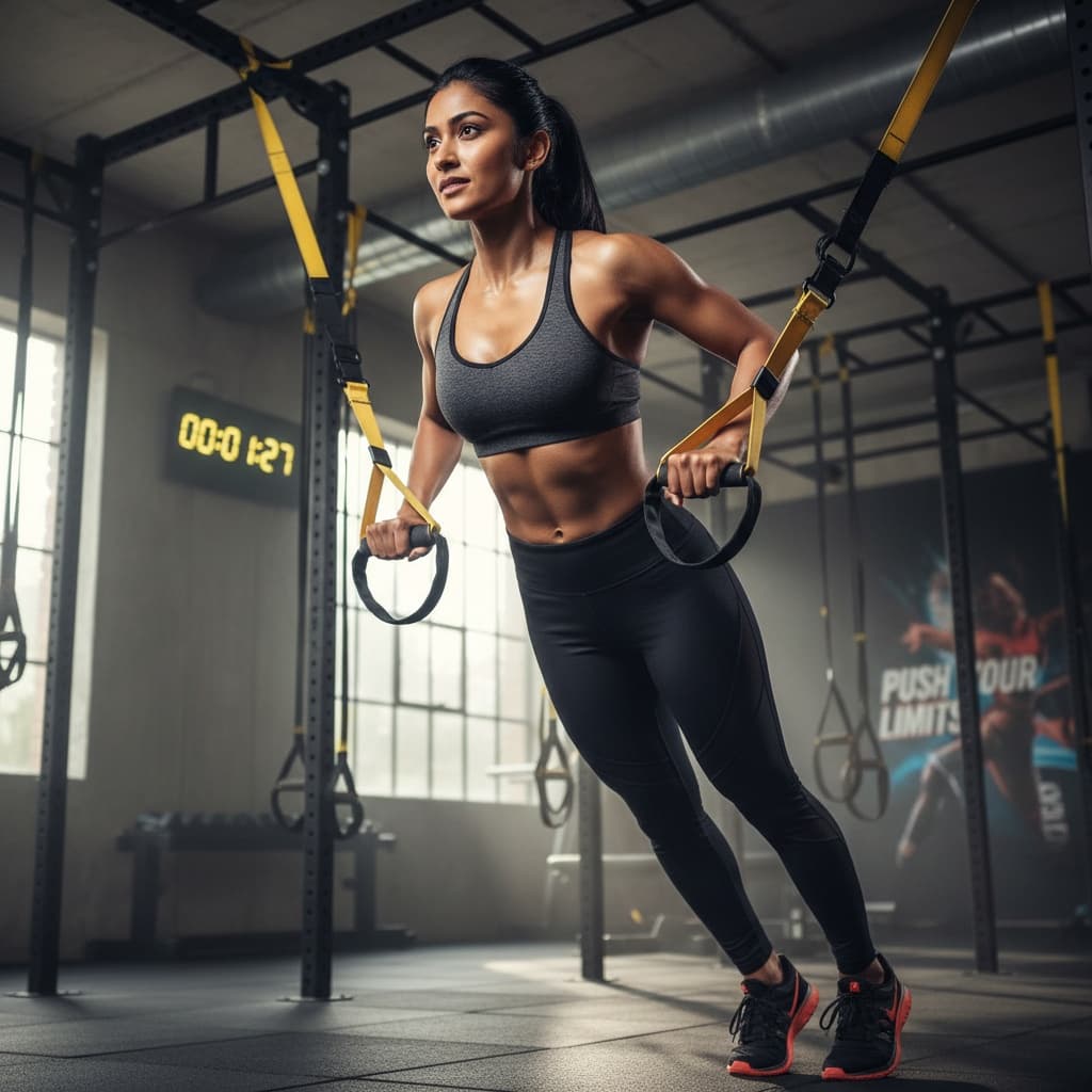 athletic indian woman workout equipment action 64050688