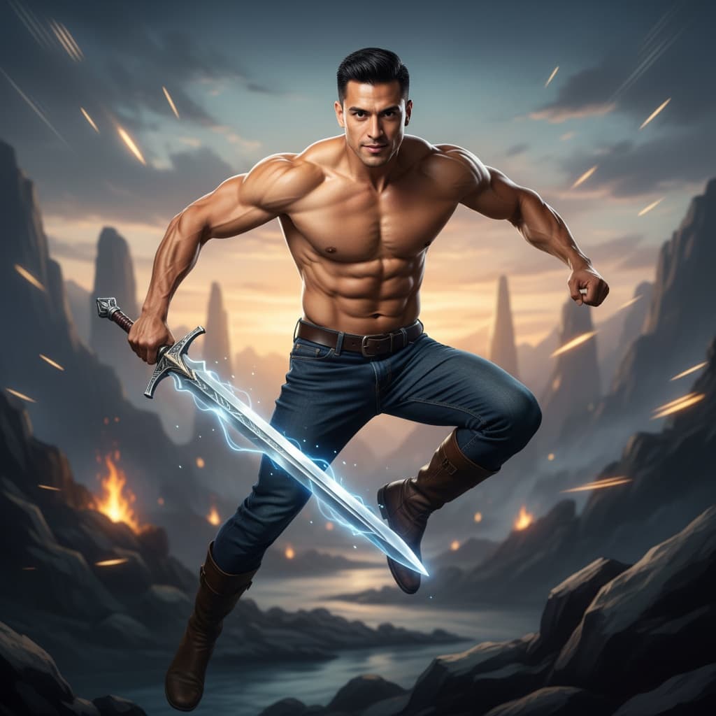 athletic latino man action pose mid combat 98267911