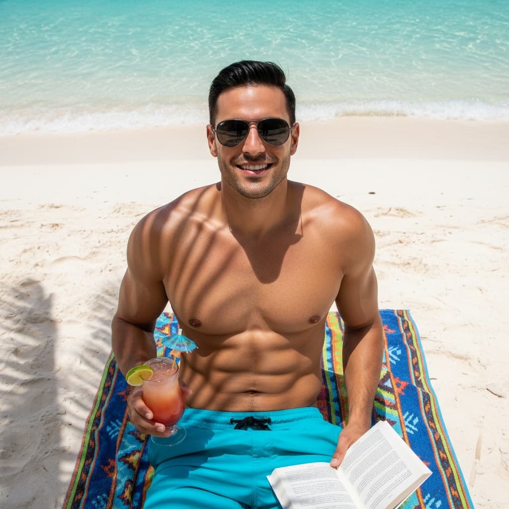 athletic latino man aerial view beach towel 88694595