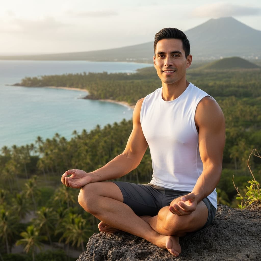 athletic latino man cliff overlook meditation 93647251