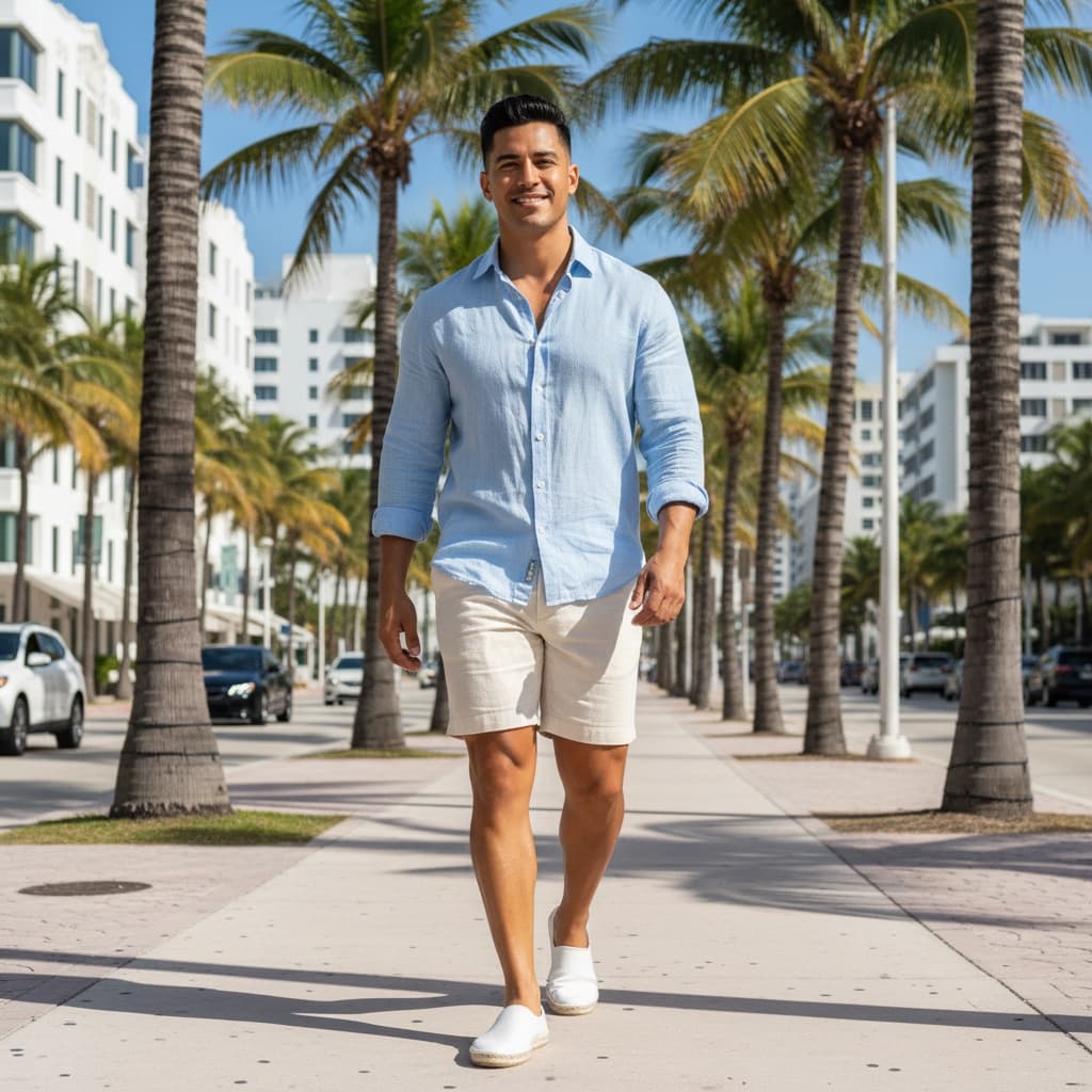 athletic latino man collins avenue palm trees 74867473