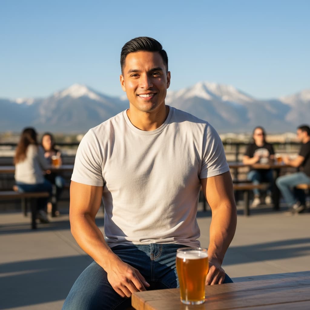 athletic latino man denver beer patio mountains 86847585