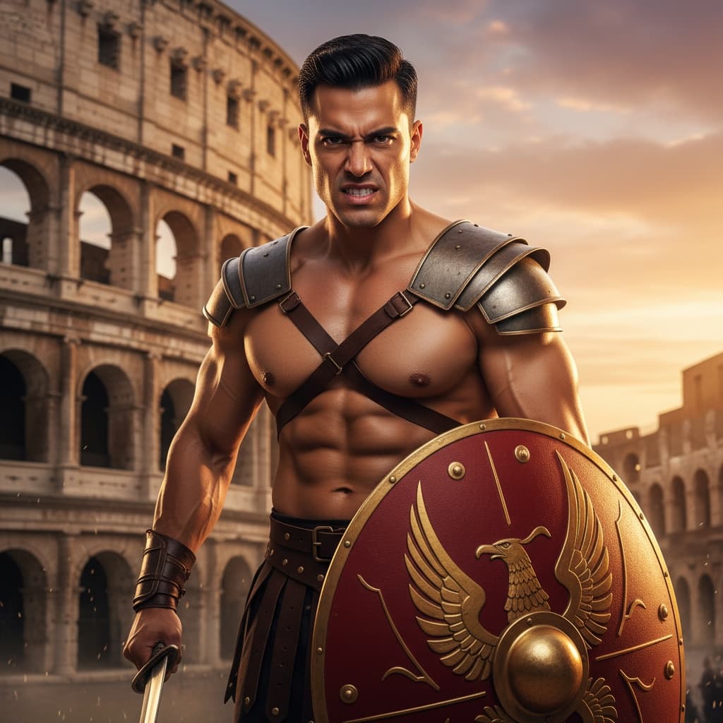 athletic latino man gladiator armor colosseum 86121298