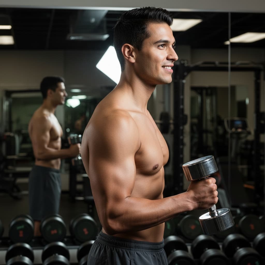 athletic latino man gym mirror side angle 92612001