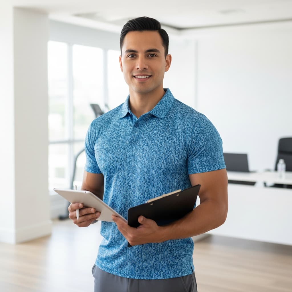 athletic latino man holding clipboard consultation 51221327
