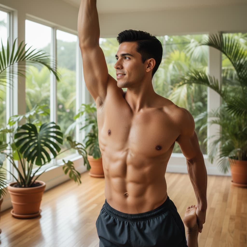 athletic latino man indoor studio stretching 84952241
