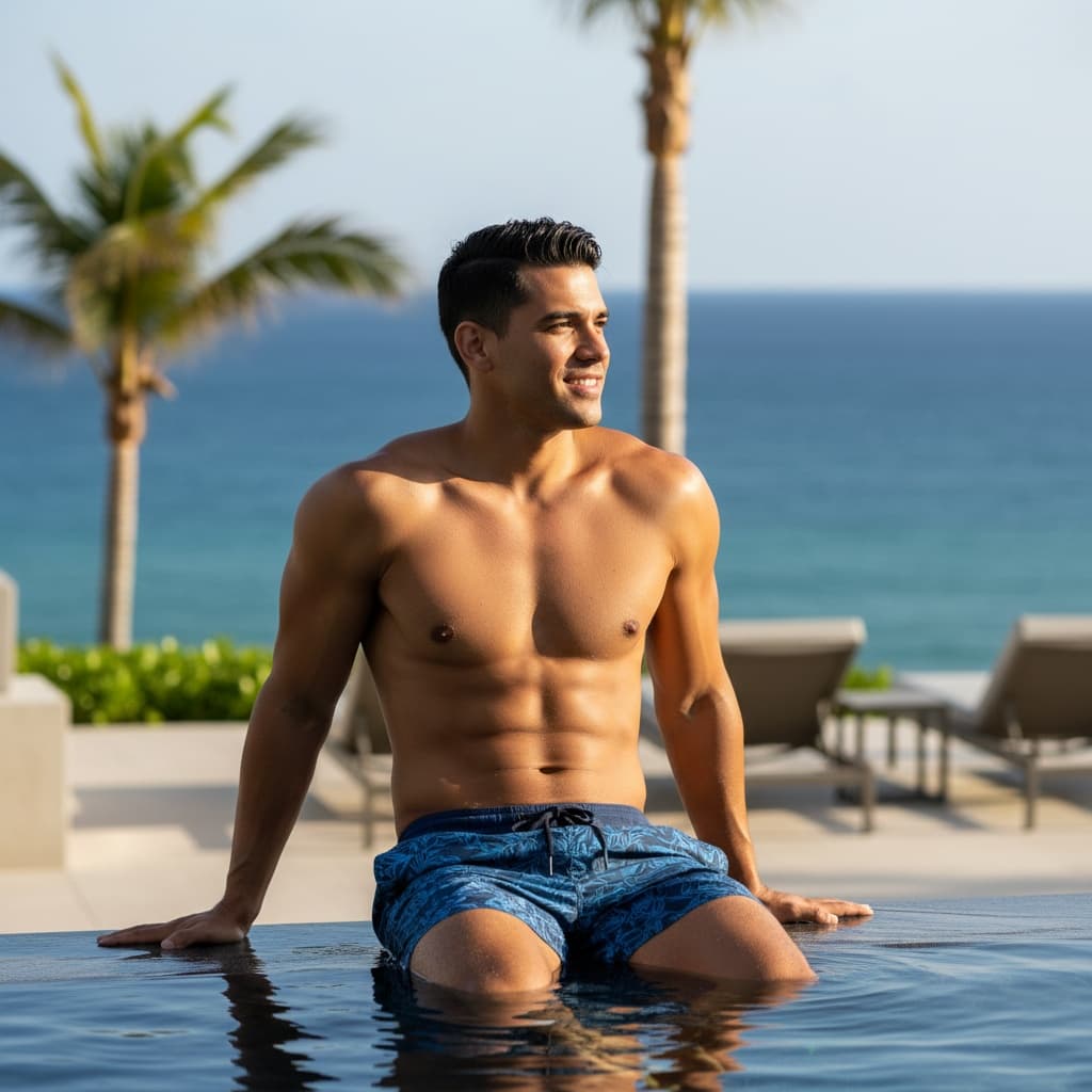 athletic latino man infinity pool resort luxury 13687641