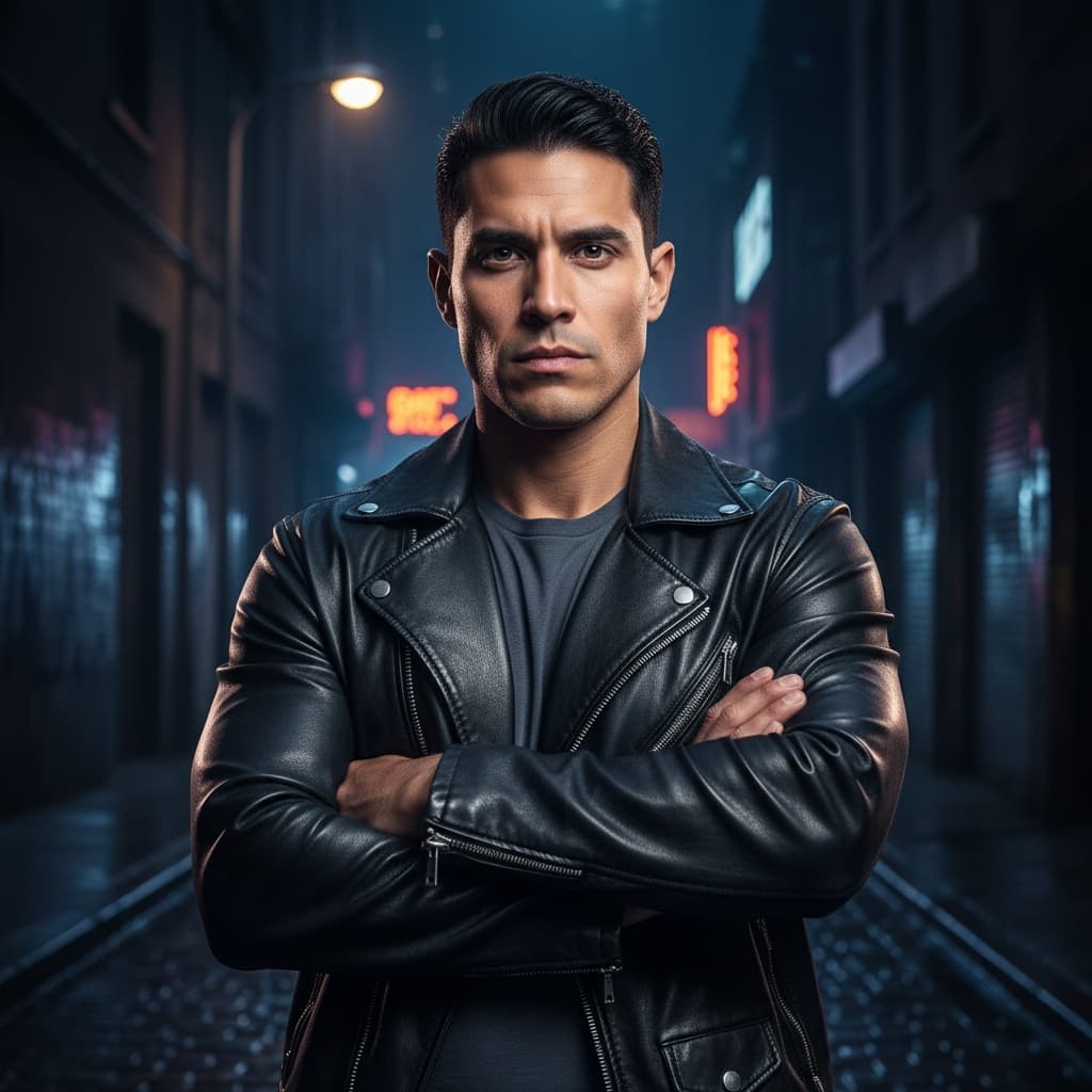 athletic latino man leather jacket hero pose 20033554