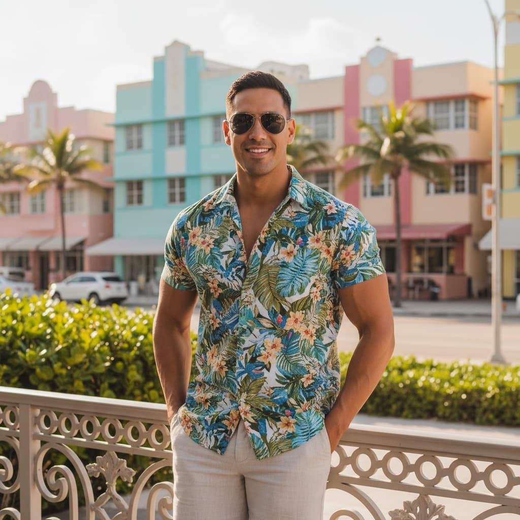 athletic latino man ocean drive art deco 77837049