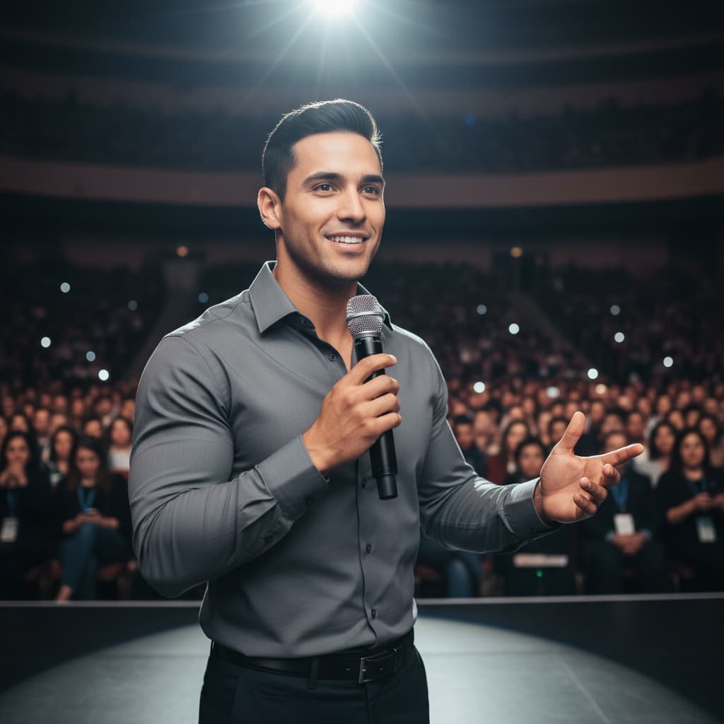 athletic latino man on stage presenting wide 62162042