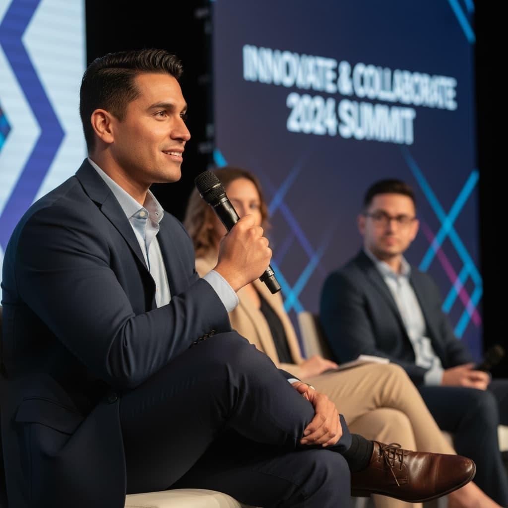 athletic latino man panel discussion seated 53506115